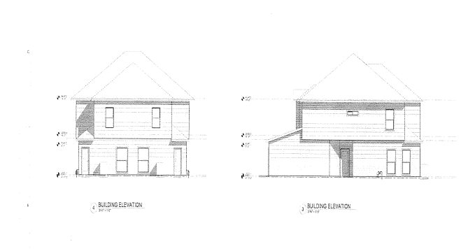 Architectural elevations of a two-story residential building showing front and side views.