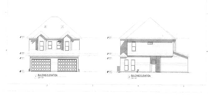 Black and white architectural elevations of a two-story house with garage and porch.